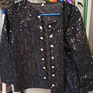Black sequin jacket, Pearl gold buttons